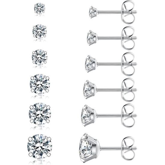 Steel Colored 6 Pairs Stud Earrings Set, Hypoallergenic Cubic Zirconia Earrings - Picture 1 of 7